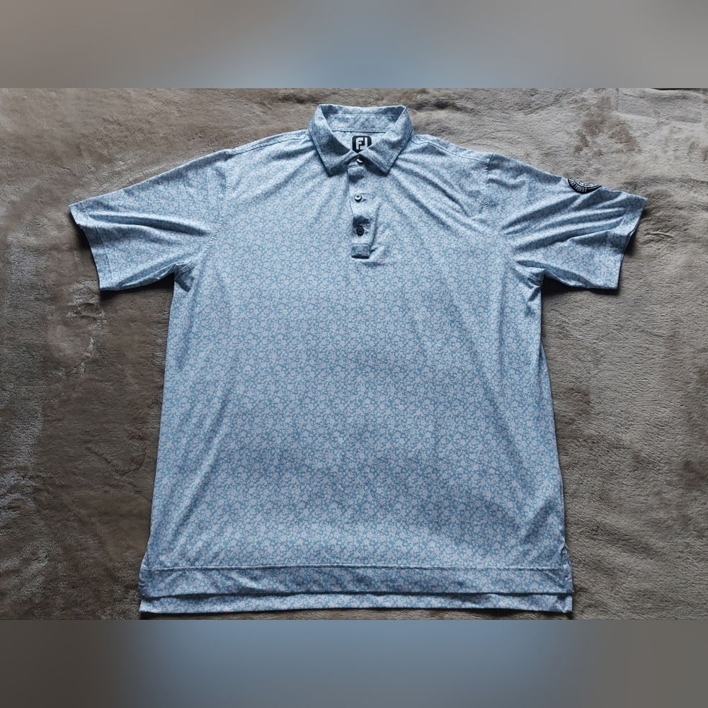 FootJoy FJ Golf Men's Blue Floral Embroidered Patch Activewear Polo Shirt | XL
